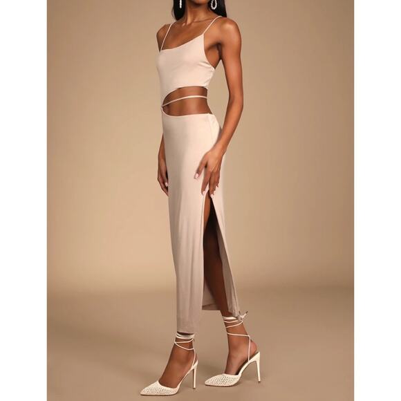 NWT Lulus Hot Take Taupe Asymmetrical Cutout Midi Dress - Picture 2 of 10